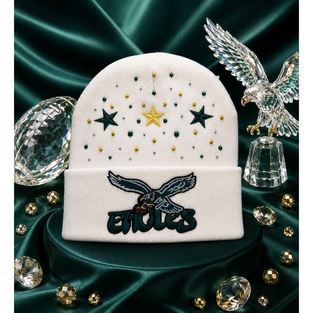 Philadelphia Eagles White Beanie Embroidered Stars Rhinestone Cuffed Knit Cap